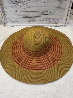 J.Crew Wide Brim Paper Straw Sun Hat, Red Stripe Detail, Beach Resort